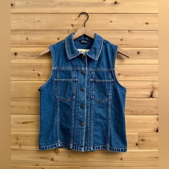 Vintage Eddie Bauer Size Small Denim Button Front Collared Structured Vest - Picture 1 of 13